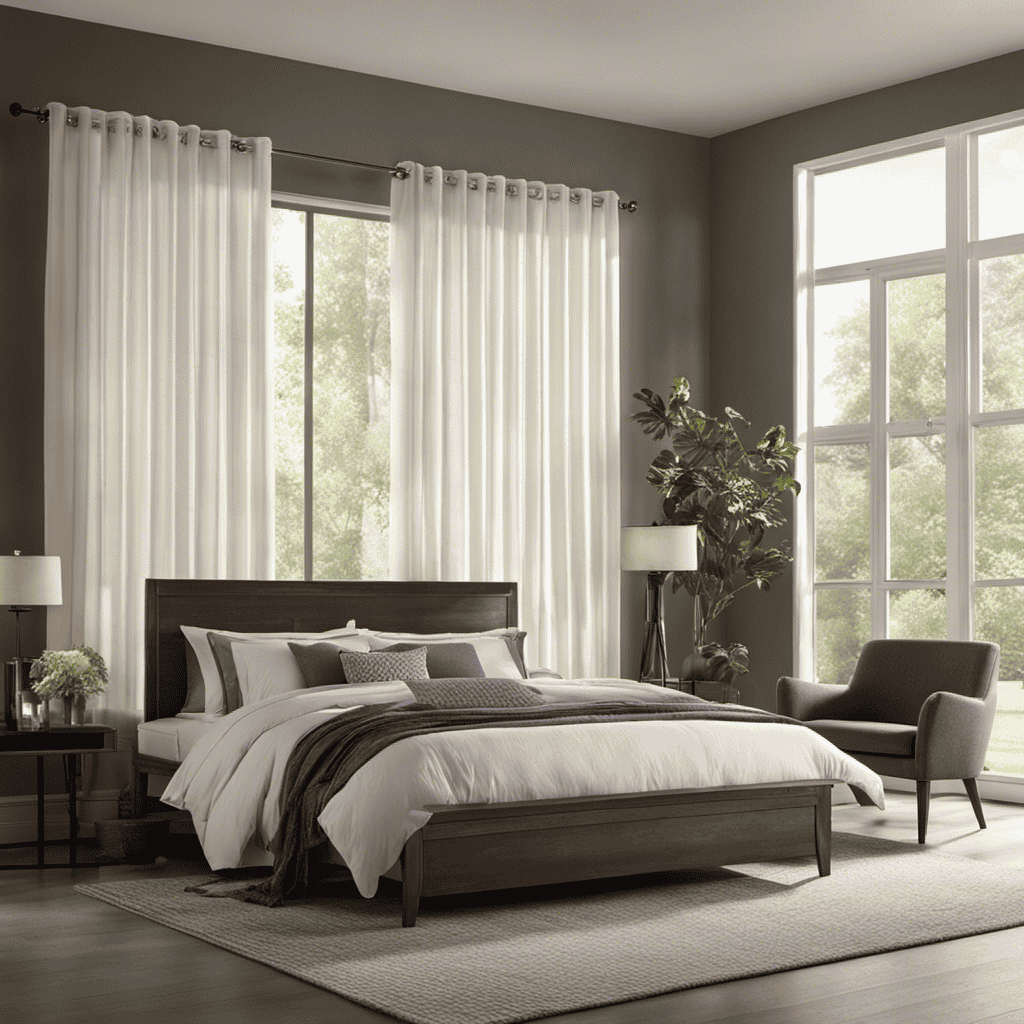 An image showcasing a serene bedroom environment, with soft sunlight streaming through sheer curtains, where an air purifier silently purifies the air