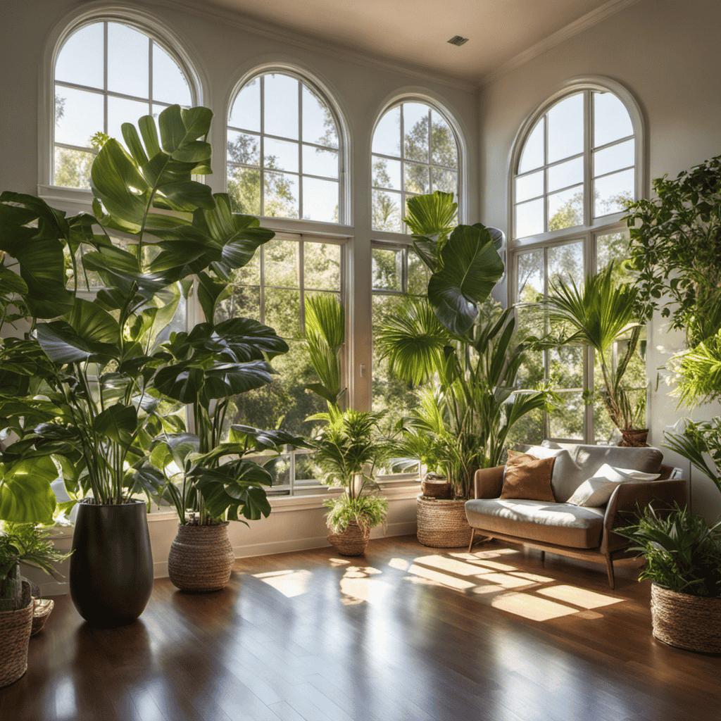 An image showcasing a California home with sunlight streaming through open windows, highlighting an air purifier placed strategically in a living room corner, surrounded by vibrant indoor plants
