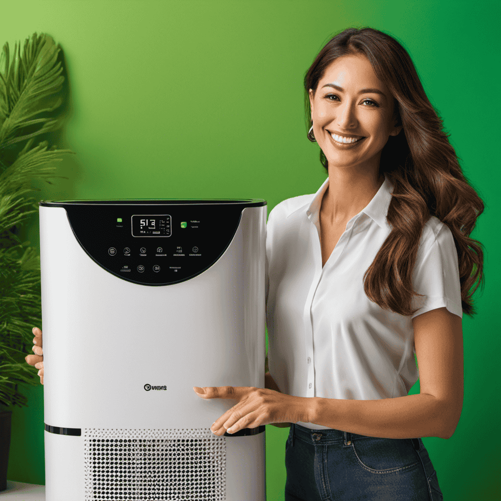 An image showcasing a woman happily receiving a brand new air purifier from a company representative, both surrounded by a vibrant green background