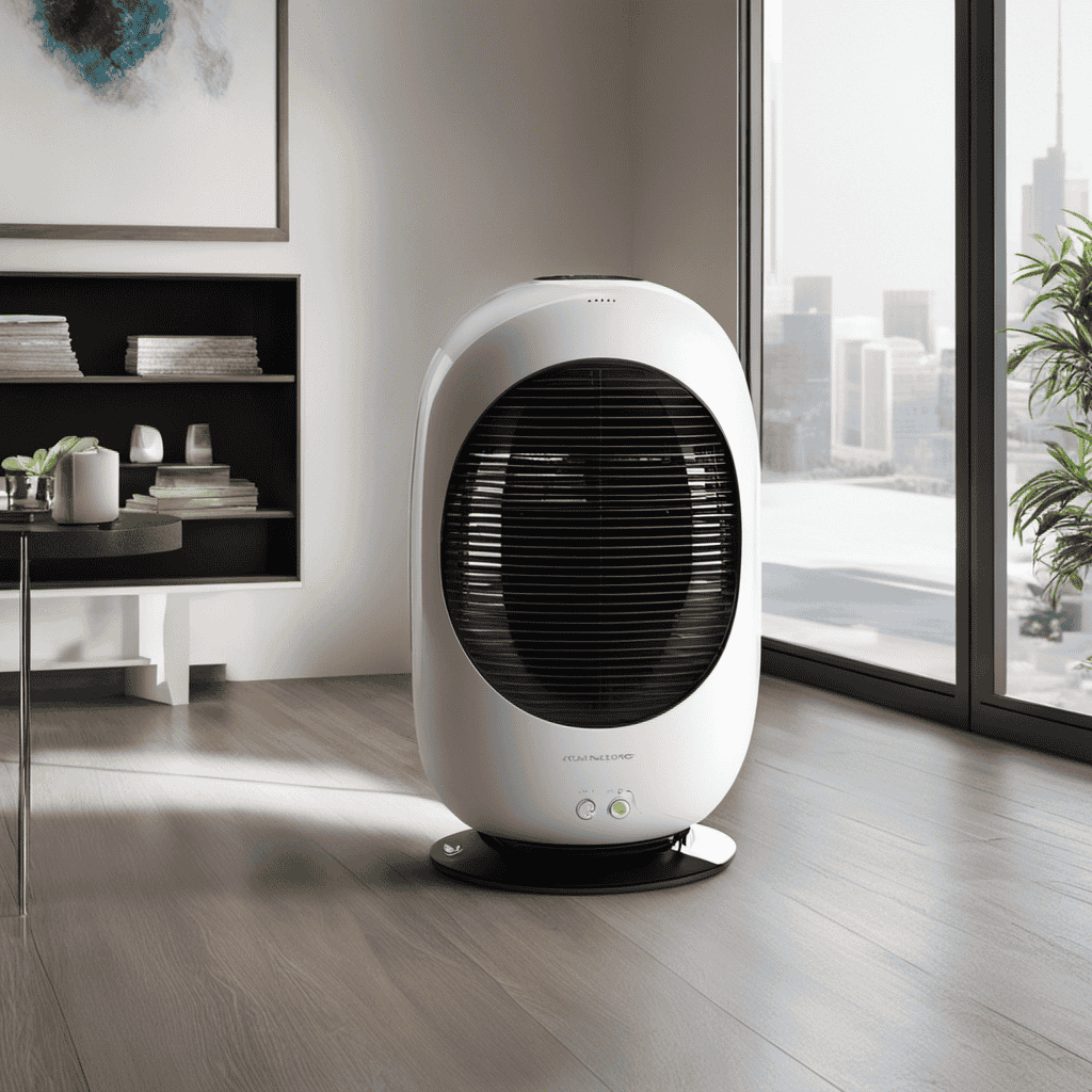 An image showcasing a sleek, modern air purifier with a transparent body, ingeniously designed to circulate air without the need for filter changes