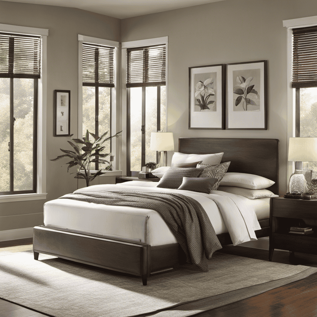 An image that showcases a serene bedroom with sunlight streaming in through an open window, while an advanced air purifier quietly removes allergens from the air