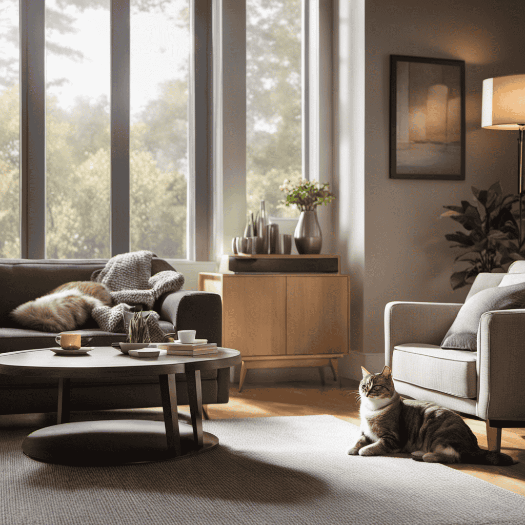 An image showcasing a cozy living room with a sleek, modern air purifier from Walmart placed beside a comfy armchair