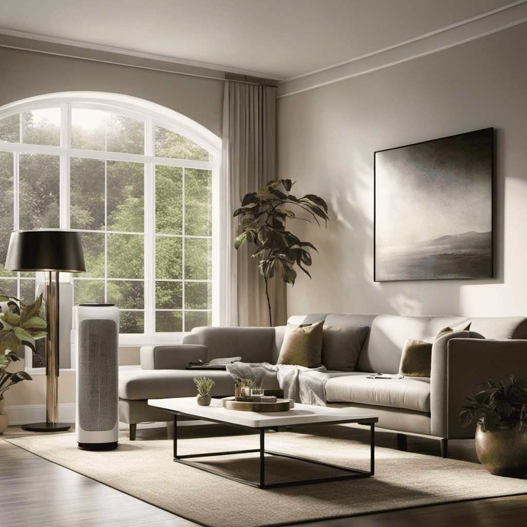 An image showcasing a cozy living room with sunlight streaming through a large window