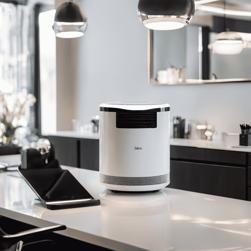 An image showcasing a compact, sleek air purifier placed on a salon counter