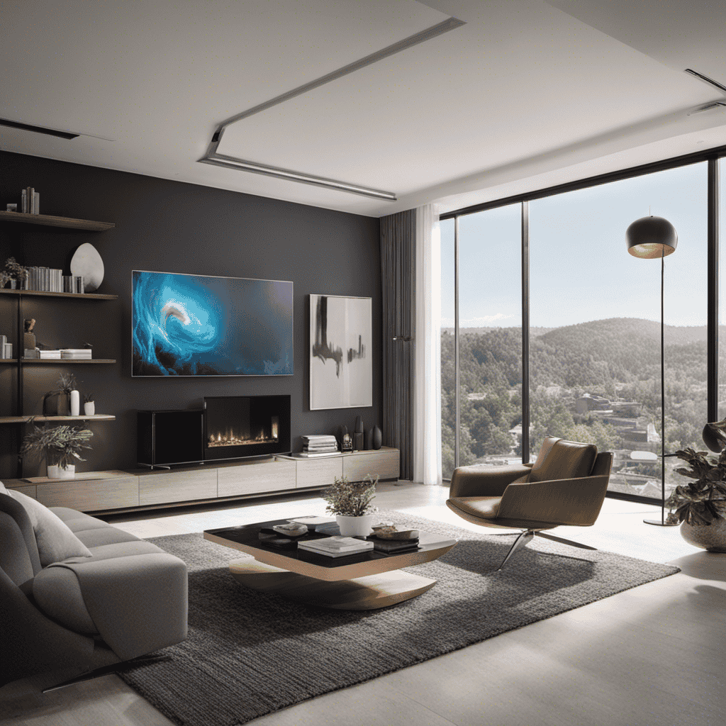 An image showcasing a modern living room with a sleek air purifier placed strategically in a corner, effectively capturing smoke particles, dog hair, dust, and other airborne allergens
