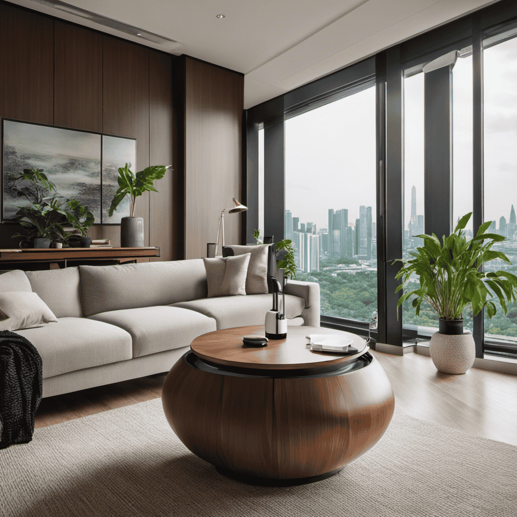 An image showcasing a modern, sleek air purifier placed on a wooden table, surrounded by lush green plants, purifying the air in a chic Singaporean living room with floor-to-ceiling windows overlooking the city skyline