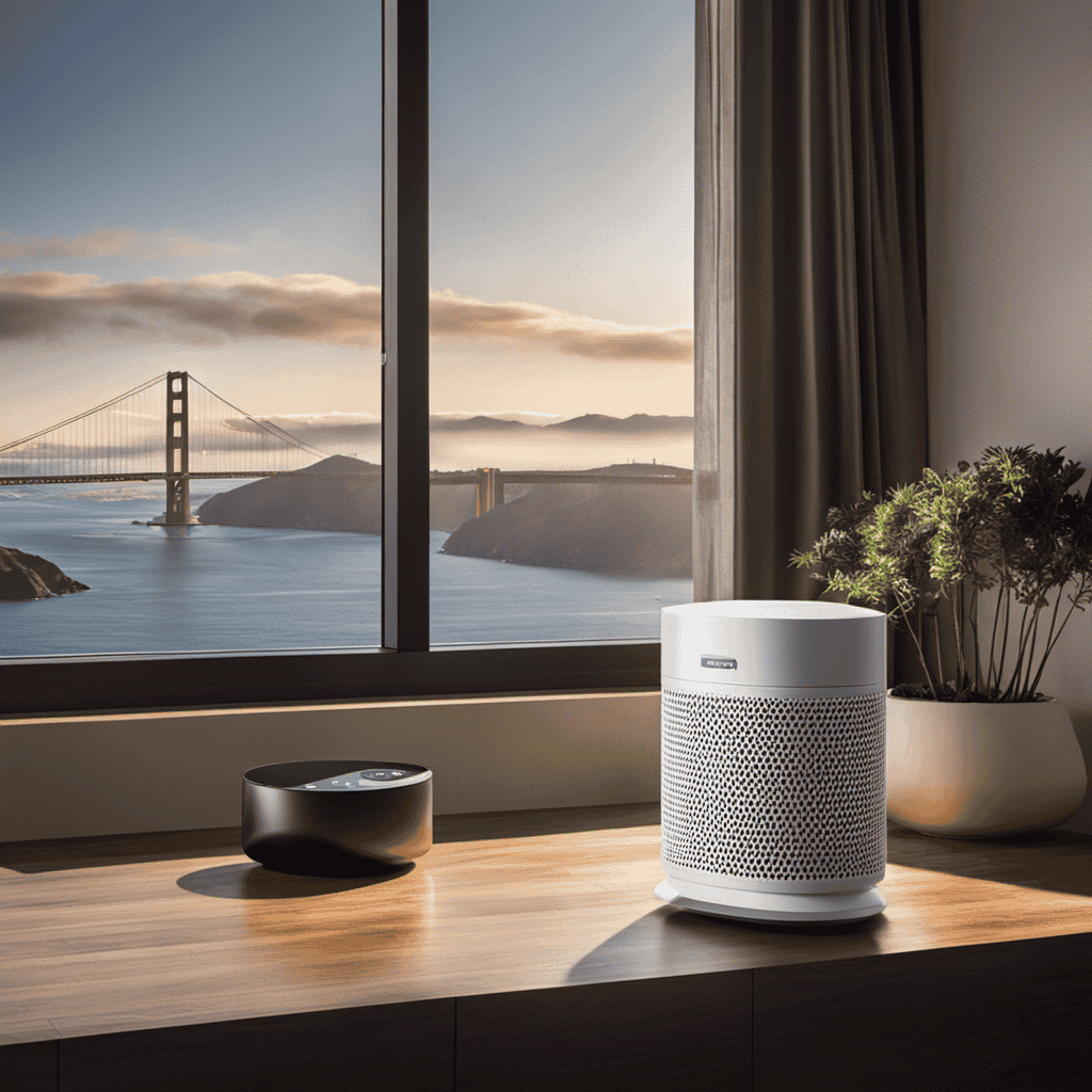 An image featuring a modern, sleek air purifier prominently placed on a windowsill with a breathtaking view of the Golden Gate Bridge in the background