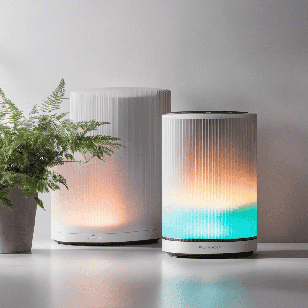 An image showcasing three air purifiers side by side, each emitting a different colored haze