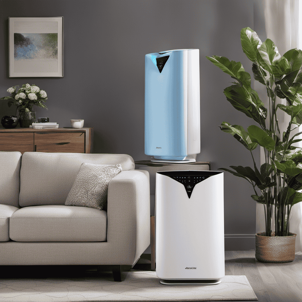 An image showcasing various air purifier models side by side, each emitting a gentle blue light