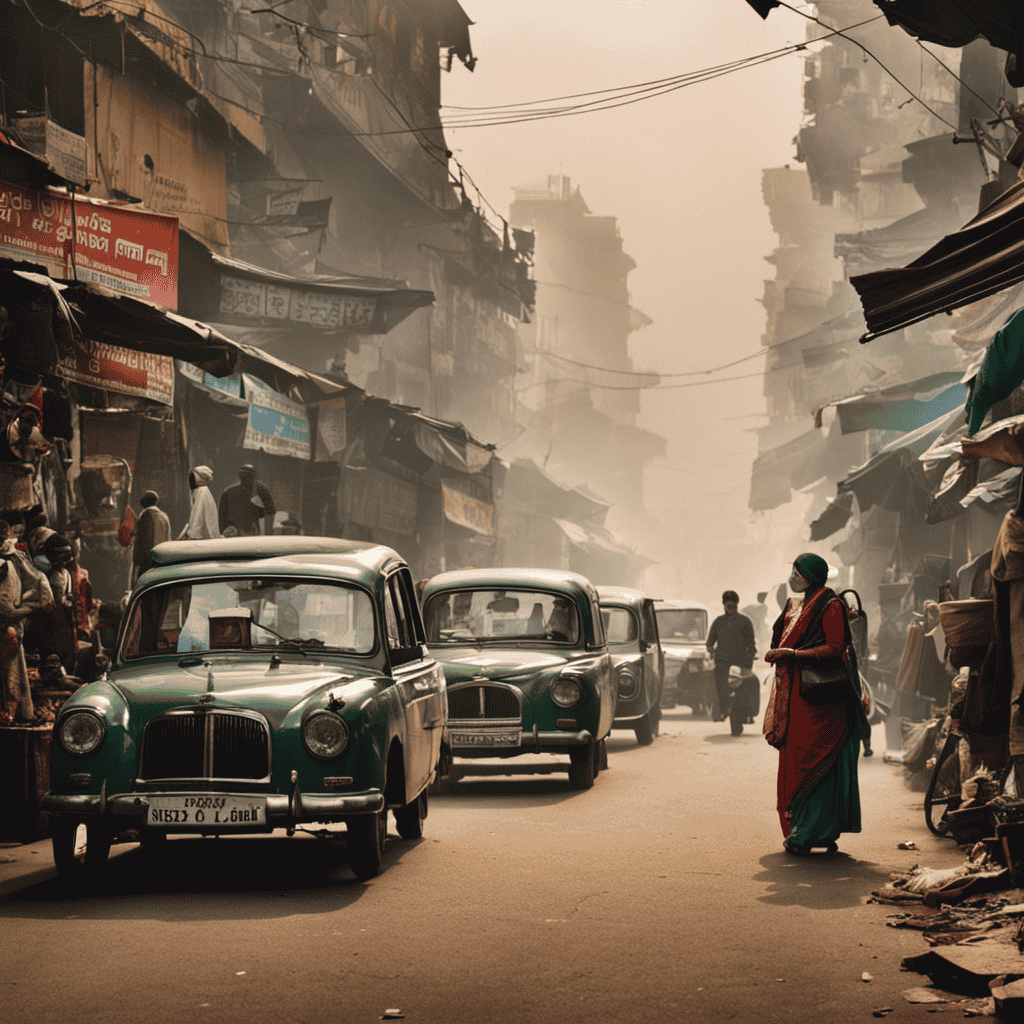 An image showcasing a bustling street in Delhi, where smog fills the air, people wear masks, and various air purifiers are prominently displayed in shop windows, helping readers visualize the urgency of choosing the right air purifier