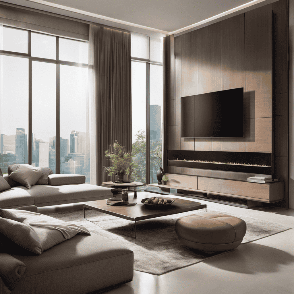 An image featuring a modern living room in Singapore, with a sleek air purifier placed near a window