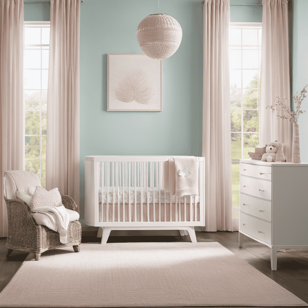 An image showcasing a serene nursery with soft pastel colors, featuring an elegant, whisper-quiet air purifier gently removing microscopic particles from the air, ensuring a healthy environment for expectant mothers