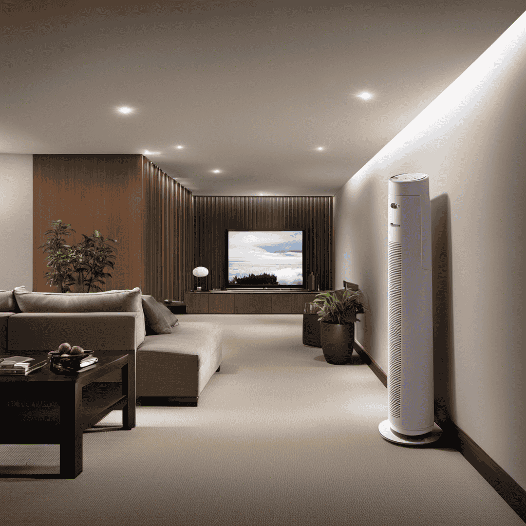 An image showcasing a spacious, dimly lit basement with clean, fresh air filtering through a high-quality air purifier