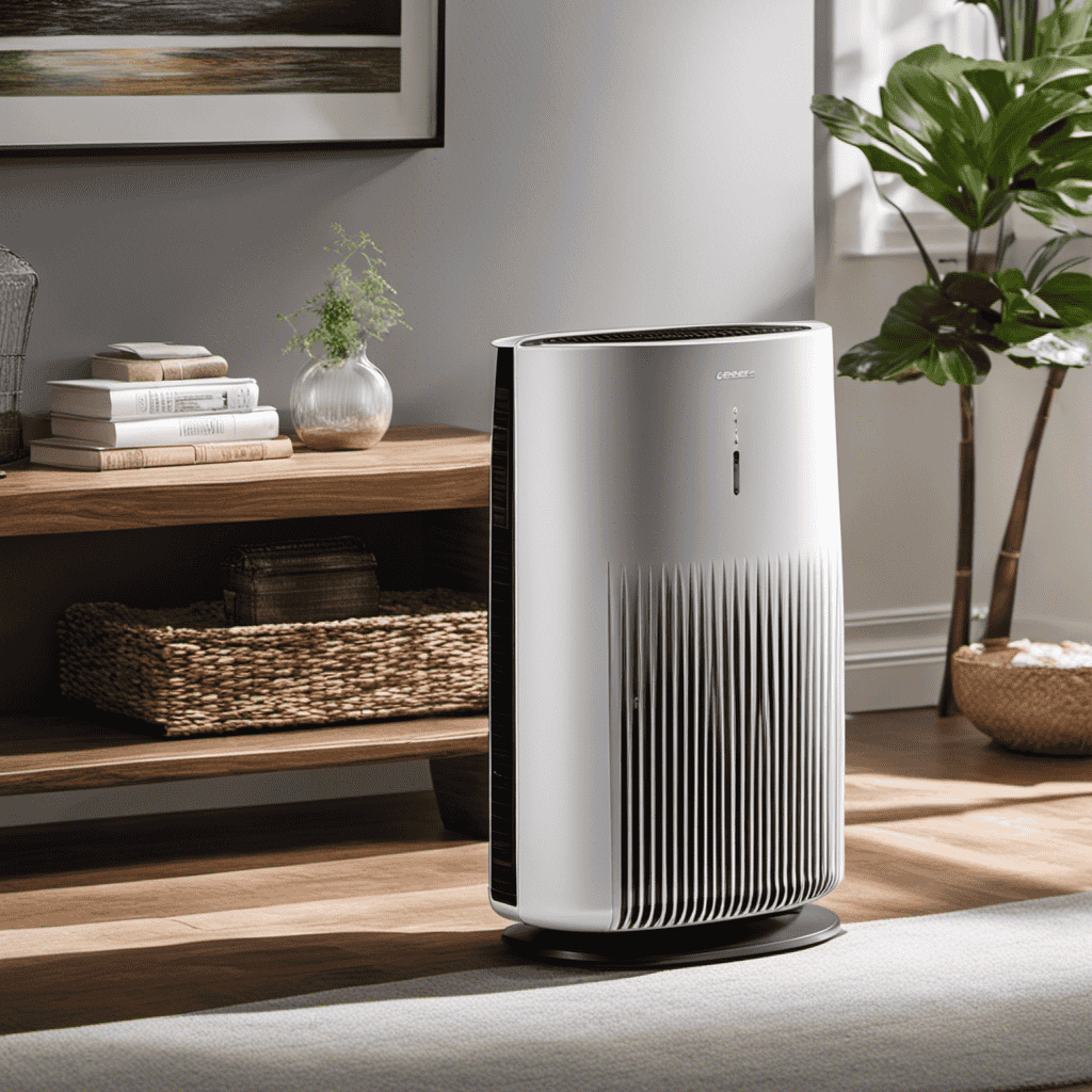 An image showcasing an air purifier in a well-lit room, capturing its HEPA filter effectively trapping microscopic mold spores, while the purifier's sleek design complements the surrounding decor