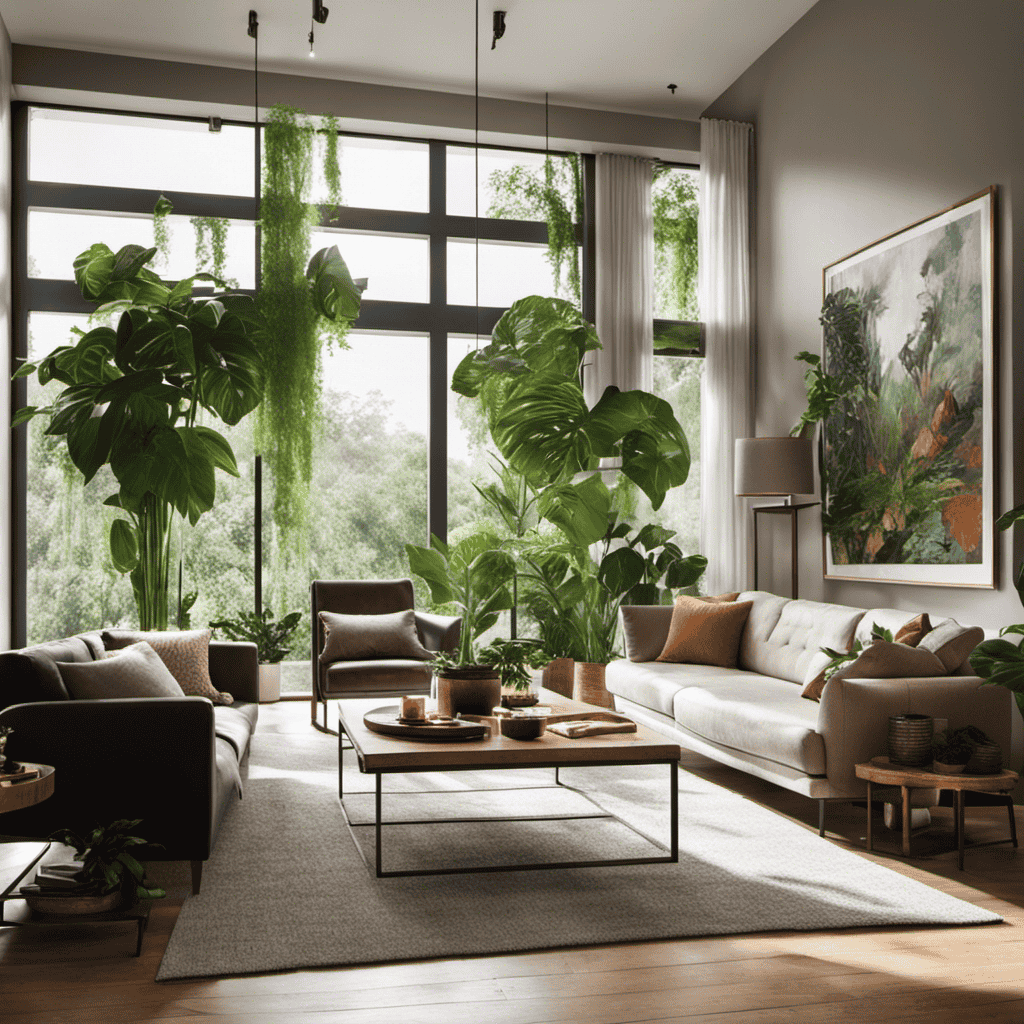 An image showcasing a cozy living room, bathed in natural light, with an array of lush, vibrant indoor plants strategically placed to purify the air