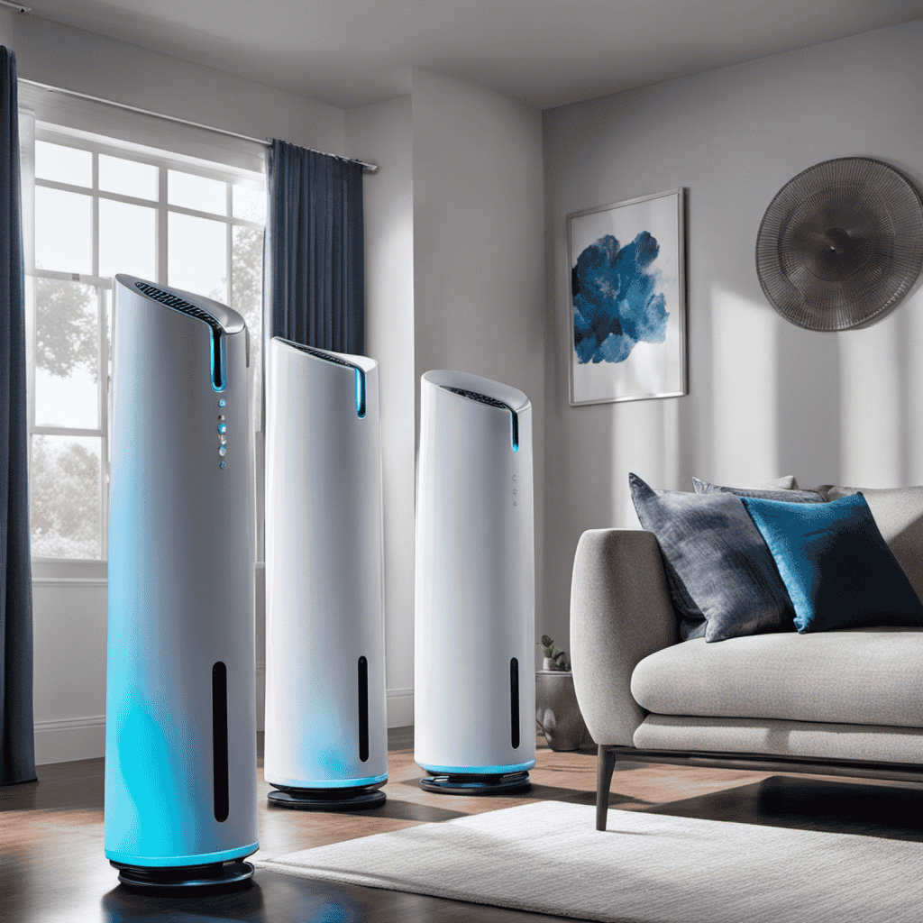 An image showcasing three Blue air purifiers side by side, each emitting a vibrant azure glow