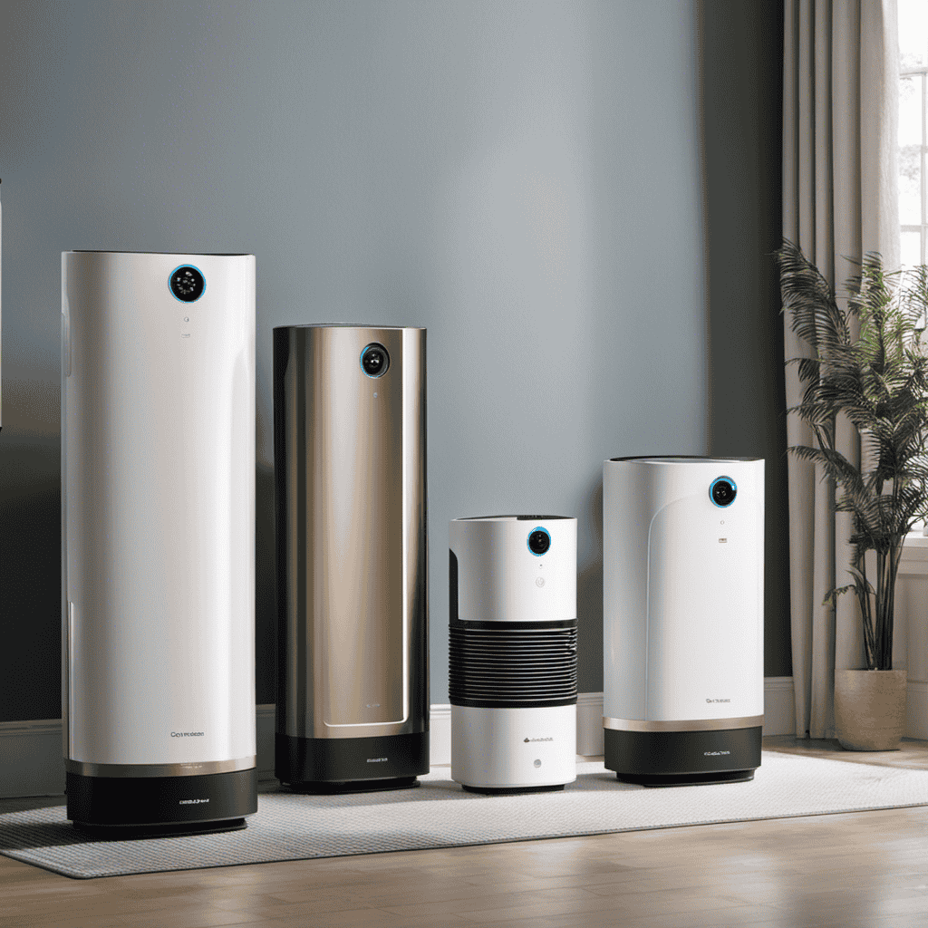 An image showcasing a lineup of air purifiers from various brands, each emitting clean air into a room