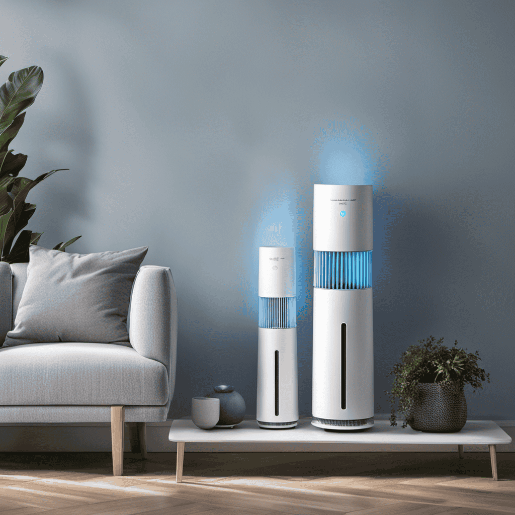 An image showcasing three sleek air purifiers side by side, each emitting a gentle blue glow