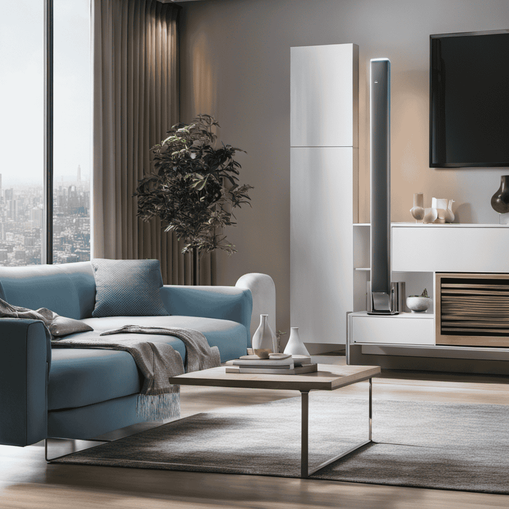 An image showcasing a modern living room with pristine air quality