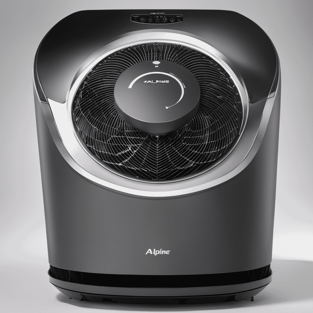 An image depicting an Alpine air purifier with two arrows: one arrow clockwise, illustrating the fan spinning in that direction, and another arrow counterclockwise, illustrating the fan spinning in that direction