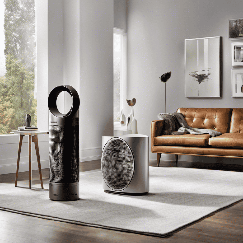An image showcasing three Dyson air purifiers side by side, their sleek designs highlighted against a modern living room backdrop