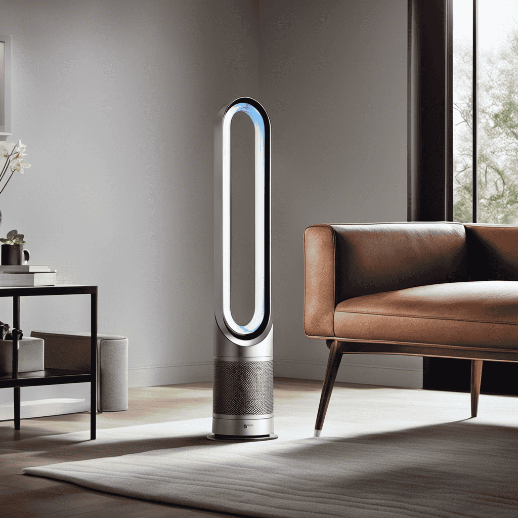 An image showcasing the sleek and modern design of the Dyson Hot and Cool Air Purifier, featuring its oscillating fan, HEPA filter, and intelligent temperature control
