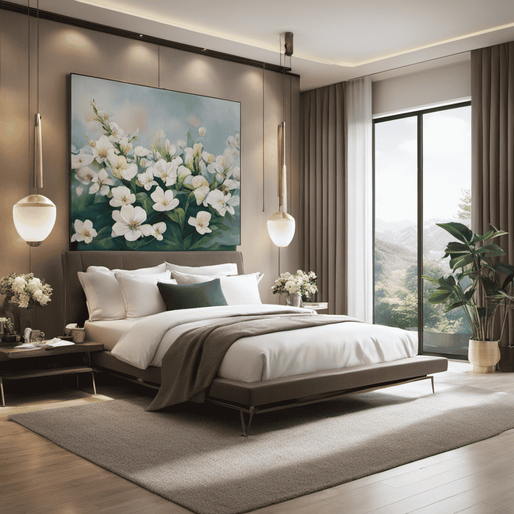 An image showcasing a serene bedroom environment with a person resting comfortably, surrounded by blooming flowers, as an air purifier and humidifier work harmoniously in the background to alleviate allergies