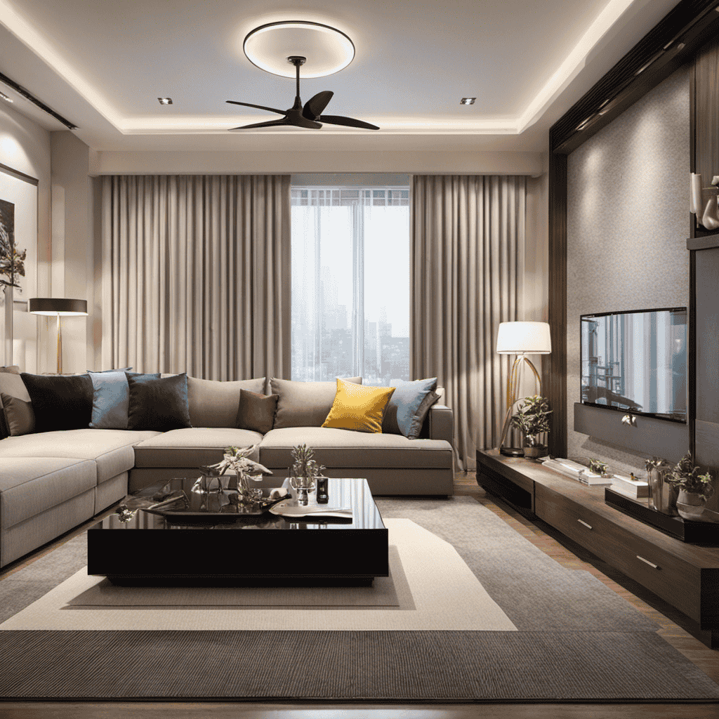 An image showcasing a spacious living room with a floor area of 450 sq ft, adorned with an elegantly designed home air purifier subtly placed in a strategic corner, effortlessly blending into the room's decor