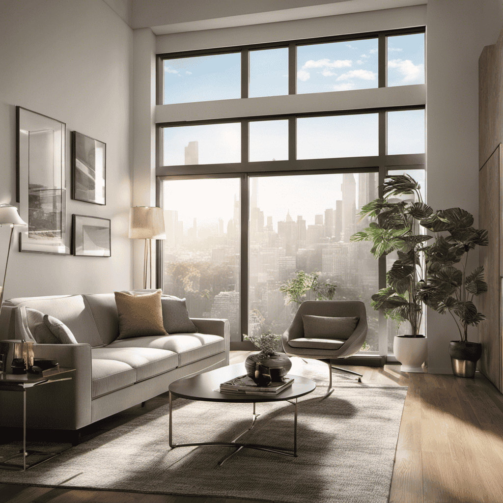 An image showcasing a spacious living room with sunlight pouring in through large windows