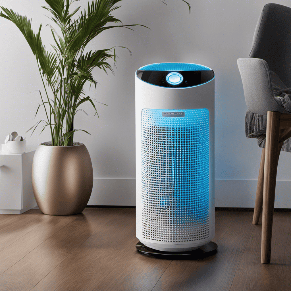 An image showcasing a diverse range of air purifiers side by side, each emitting a soft blue glow