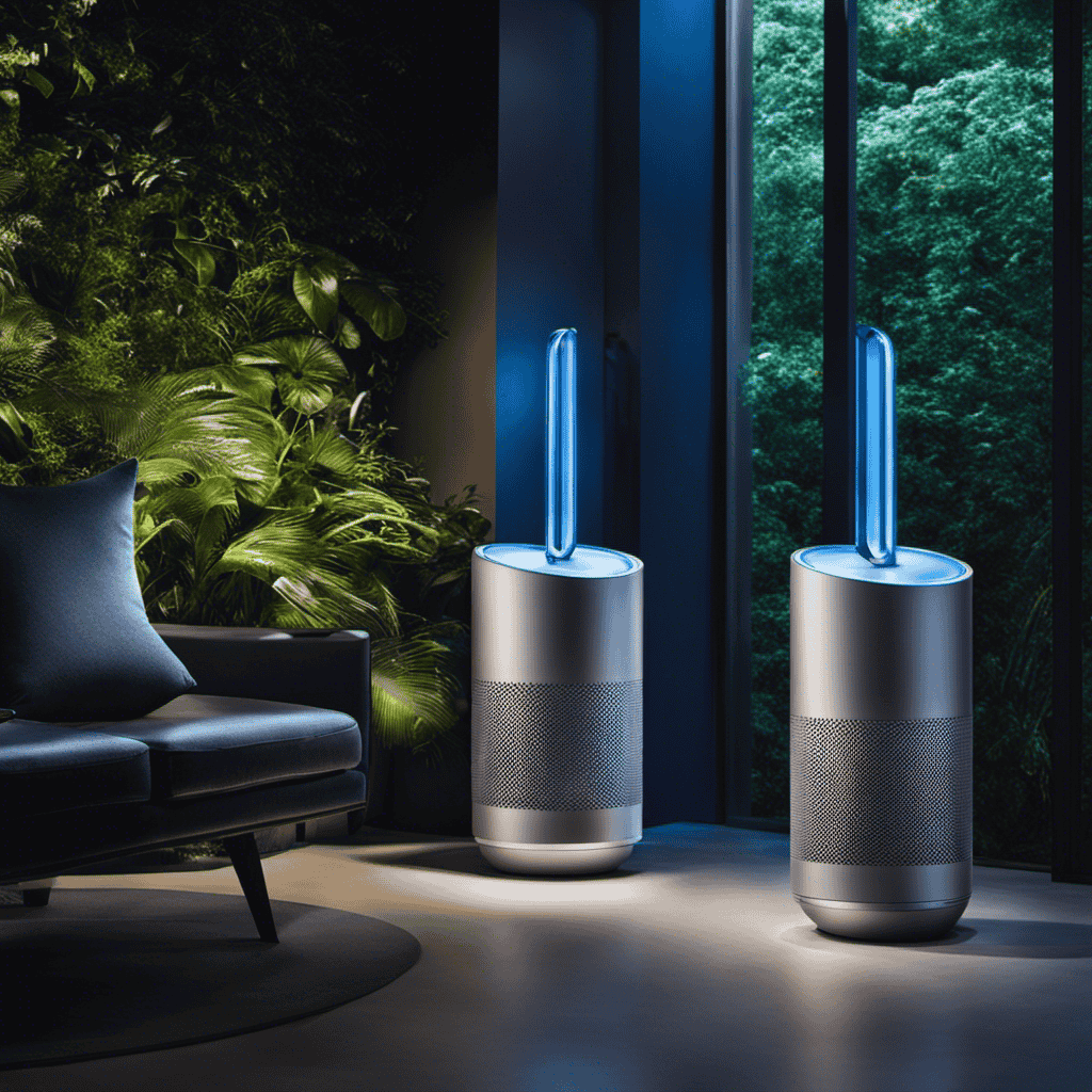 An image showcasing three Dyson air purifiers side by side, each emitting a gentle blue glow, surrounded by lush green plants