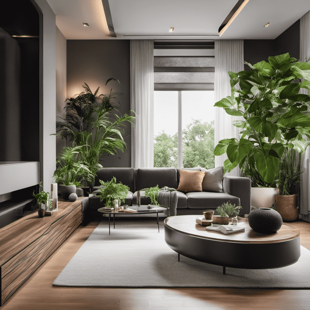 An image showcasing a cozy living room with an assortment of lush houseplants thriving near a sleek, modern electrical air purifier