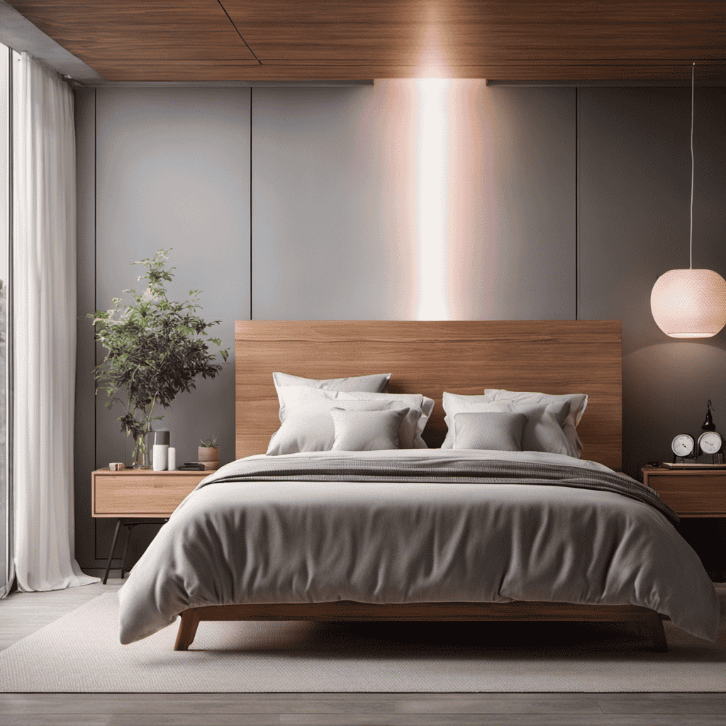 An image showcasing a serene bedroom with a humidifier on one side, emitting a gentle mist, and an air purifier on the other side, capturing airborne particles, both contributing to a clean and comfortable atmosphere