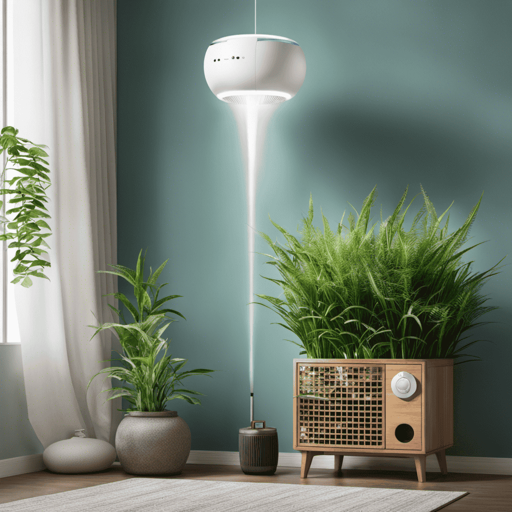 An image contrasting a serene bedroom with an air humidifier emitting a fine mist, surrounding delicate plants, against a separate scene of an air purifier capturing dust particles in a polluted room