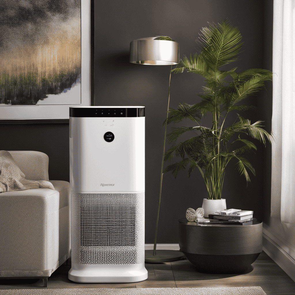 An image contrasting an air purifier and an air ionizer side by side, showcasing their distinct mechanisms: a purifier with multiple layers of filters capturing pollutants, and an ionizer emitting negative ions to neutralize airborne particles