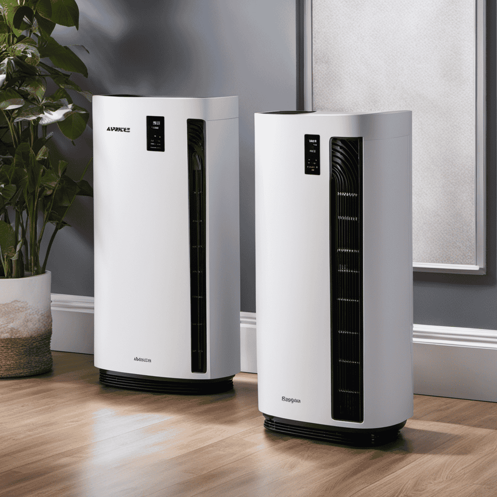 An image showcasing two distinct machines side by side - an advanced air purifier with multiple filters capturing dust particles, and an ionizer emitting negative ions to neutralize harmful pollutants