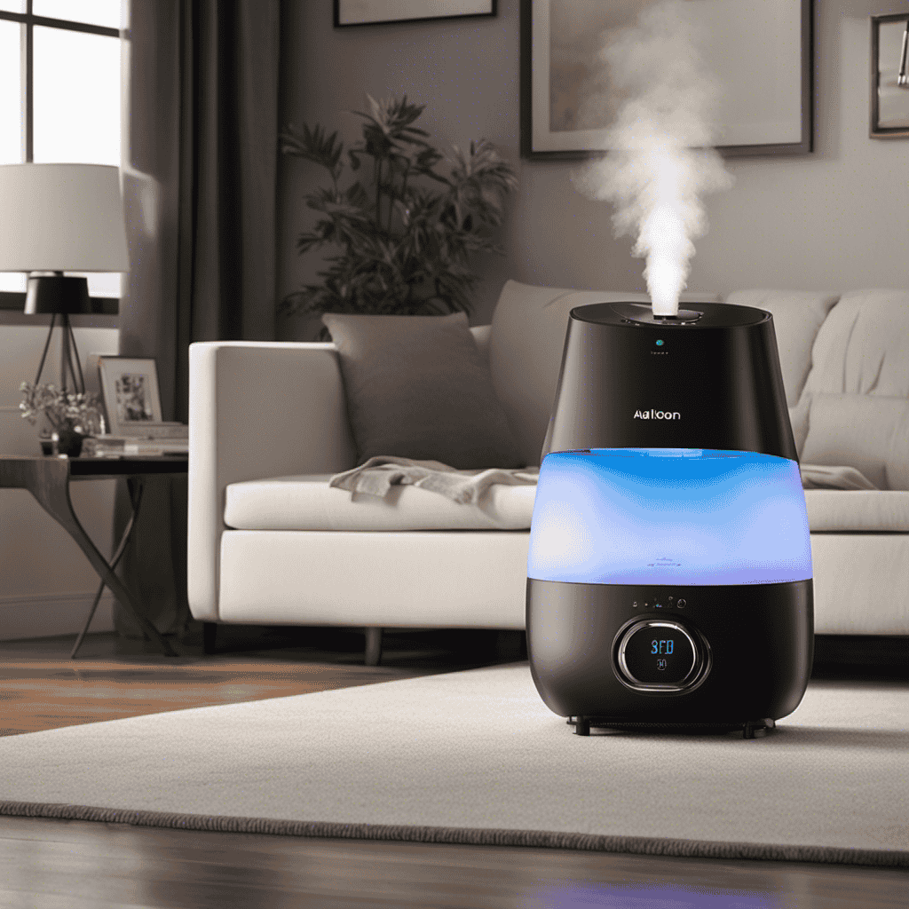 An image contrasting a serene bedroom scene with a humidifier emitting a fine mist, soothing irritated noses, versus an air purifier quietly removing airborne allergens, capturing microscopic particles