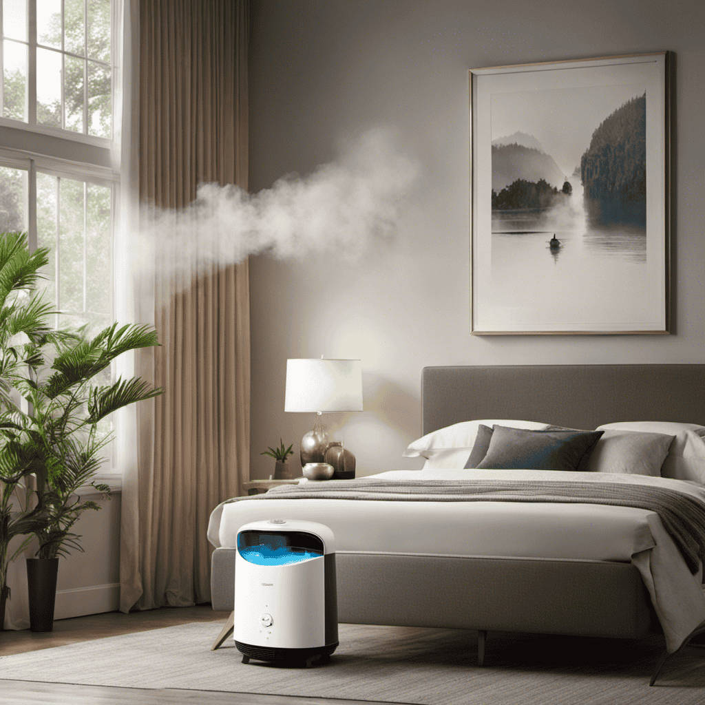 An image contrasting a serene bedroom scene with a humidifier emitting a soothing mist on one side, and an air purifier quietly eliminating airborne particles on the other