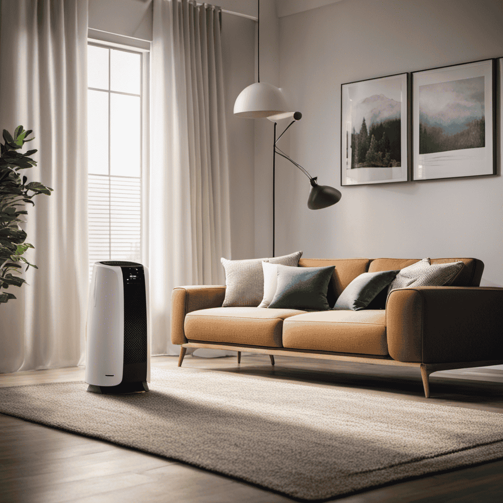 An image showcasing a cozy living room with a dehumidifier placed near a window, effectively removing excess moisture from the air