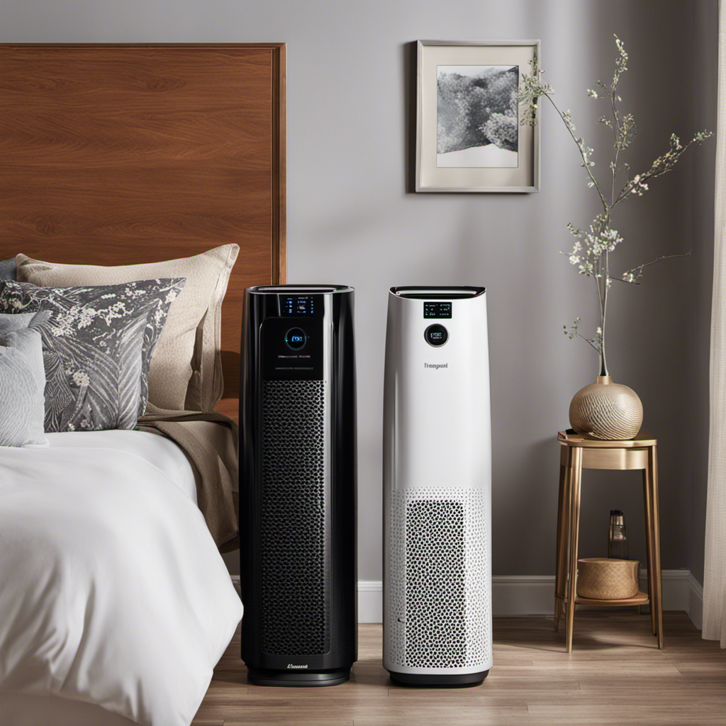 An image showcasing the Honeywell AirGenius 5 and HPA300 air purifiers side by side, highlighting their distinct features such as the AirGenius 5's sleek design, QuietClean technology, and the HPA300's powerful HEPA filtration system and compact size