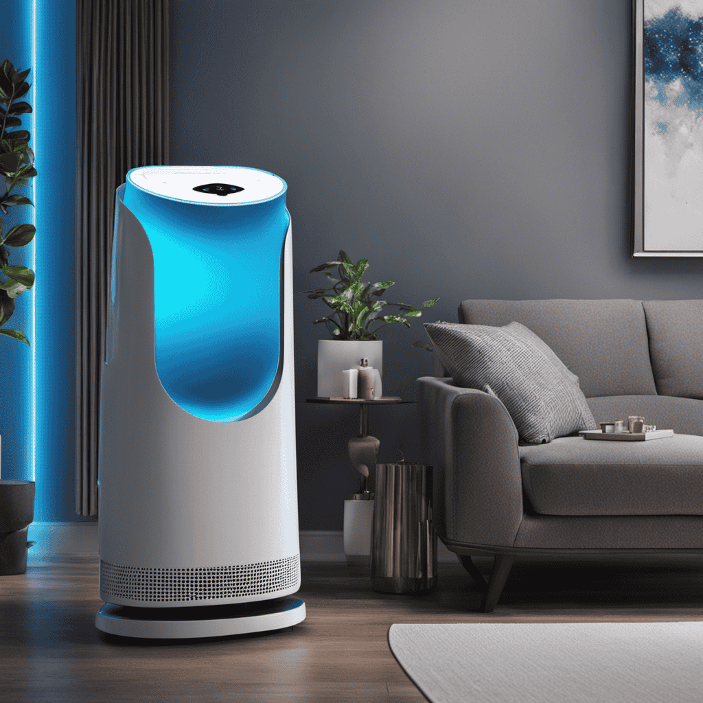 An image showcasing a room with two contrasting air purifiers: a UV light purifier emitting a soft, blue glow, and a sleek mobile purifier with a HEPA filter