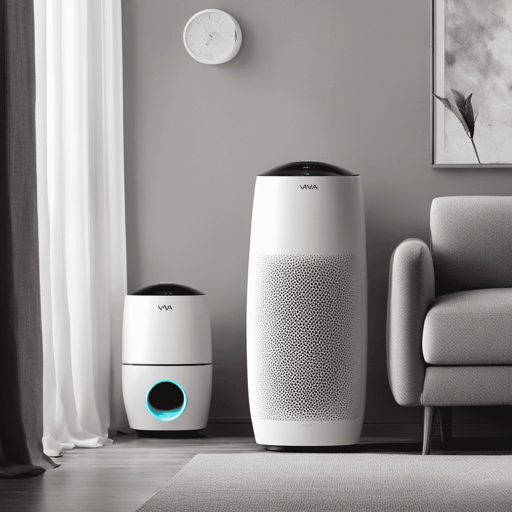 An image showcasing two sleek and modern air purifiers side by side, with Vava's minimalist design and Purezone's elegant curves