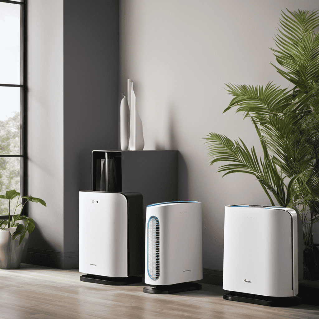 An image showcasing multiple air purifiers side by side, with each one emitting a vibrant, clean air aura