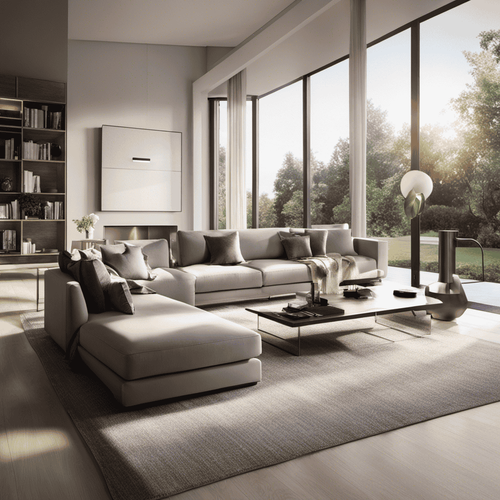 An image showcasing a modern living room with a sleek, high-tech air purifier placed strategically near a large window