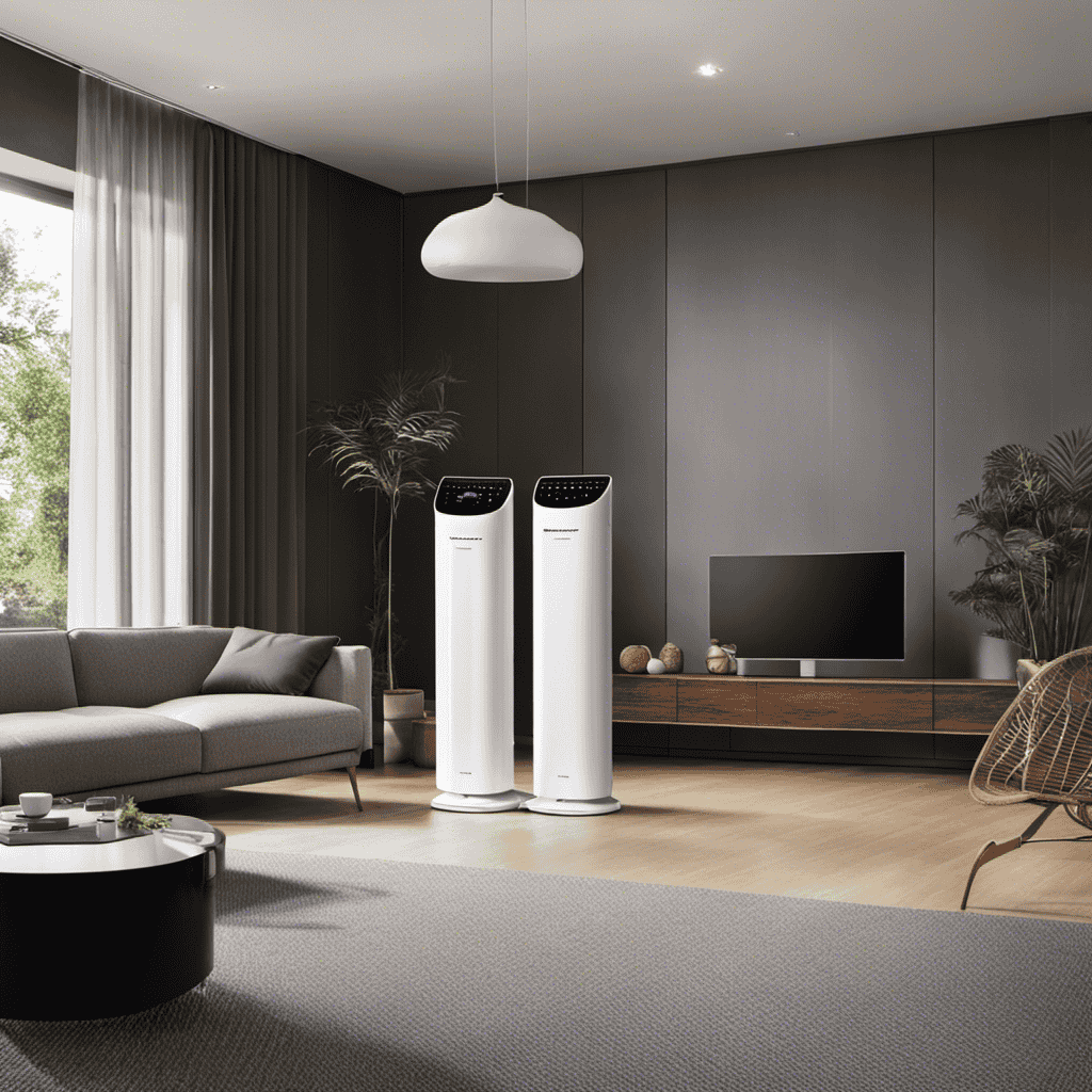 An image showcasing an array of air purifiers in various sizes and designs, placed in a well-lit room