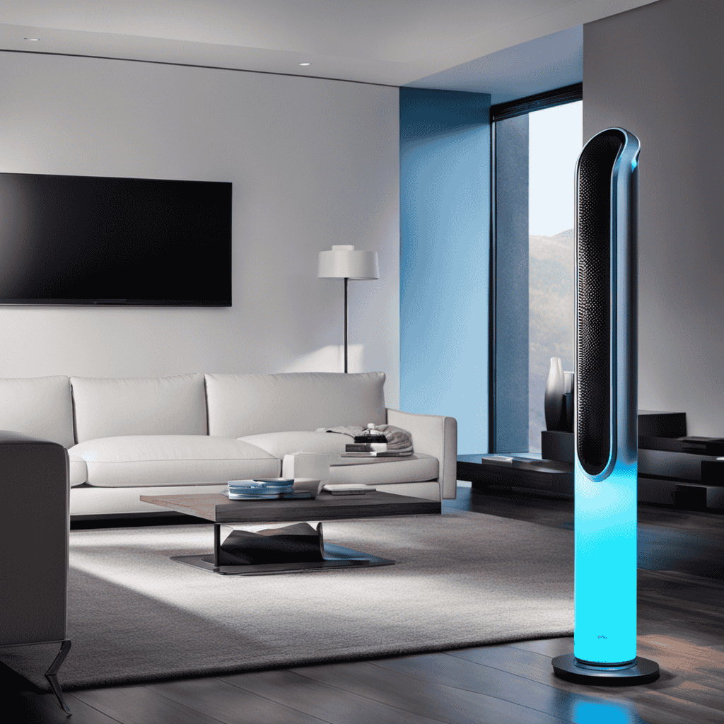 An image showcasing a modern living room with a sleek, white Dyson Air Purifier centrally placed