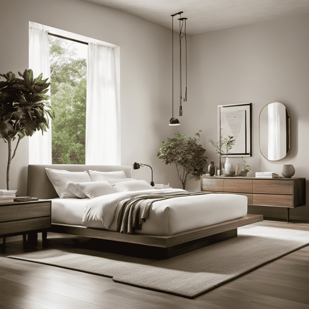 An image capturing a serene bedroom setting, bathed in soft natural light, with a HEPA air purifier softly humming in the corner