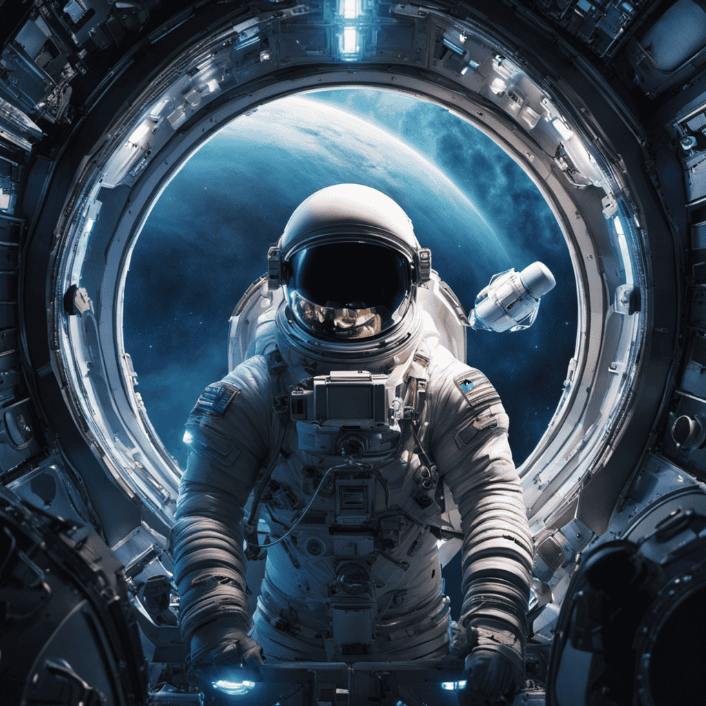 An image showcasing an astronaut inside a spacecraft, surrounded by a cylindrical device emitting a soft blue glow