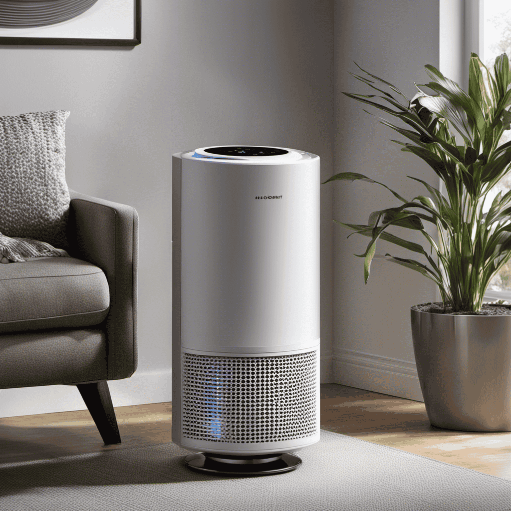 An image capturing the sleek, modern design of an air purifier, featuring a close-up view of its state-of-the-art filtration system purifying the air, while elegant LED lights softly illuminate the room