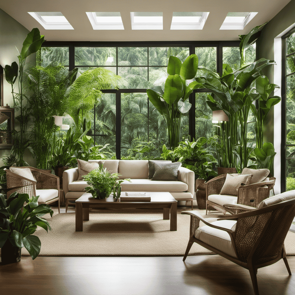 An image showcasing a well-lit living room, adorned with lush greenery